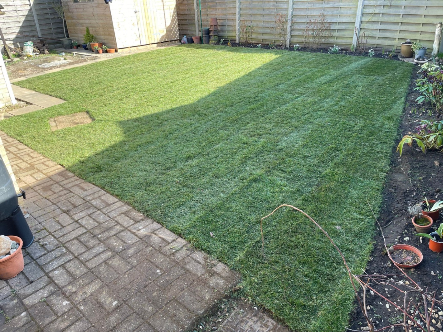 Freshly laid lawn with brick edging after a Nottinghamshire garden landscaping project